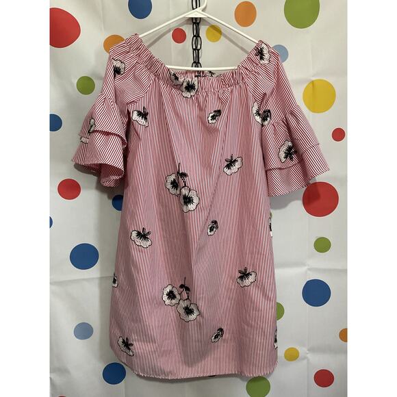 NWOT Ces Femme Size S Off The Shoulder Dress Pinstriped Floral - Picture 9 of 16